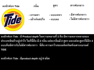 - ธรรมดา
- เม้าเท่นสปริง
สูตรกลิ่น สารฟอกขาว
- แบบเหลว
- แบบผง
- มีสารฟอกขาว
- ไม่มีสารฟอกขาว
ผงซักฟอก Tide
ผงซักฟอก Tide
ผงซักฟอก Tide : มี Product depth ในความหมายที่ 2 คือ มีความหลากหลายของ
ประเภทสินค้าอยู่เท่าไร ในที่นี้คือ มี 2 กลิ่น แต่ละกลิ่นมี 2 สูตร และแต่ละสูตรก็มีอีก 2
แบบคือมีสารกับไม่มีสารฟอกขาว นี่คือ ความกว้างของผลิตภัณฑ์เฉพาะแบรนด์
TIDE
ผงซักฟอก Tide : มีproduct depth อยู่ 8 ชนิด
 