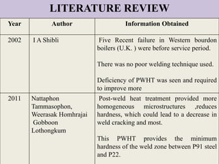 LITERATURE REVIEW
Year Author Information Obtained
2002 I A Shibli Five Recent failure in Western bourdon
boilers (U.K. ) were before service period.
There was no poor welding technique used.
Deficiency of PWHT was seen and required
to improve more
2011 Nattaphon
Tammasophon,
Weerasak Homhrajai
Gobboon
Lothongkum
Post-weld heat treatment provided more
homogeneous microstructures ,reduces
hardness, which could lead to a decrease in
weld cracking and most.
This PWHT provides the minimum
hardness of the weld zone between P91 steel
and P22.
 