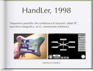 HandLer, 1998
                Dispositivo portatile che combinava le funzioni: tablet PC
                macchina fotograﬁca, wi-ﬁ, connessione telefonica




                                            Interfacce HandLer


martedì 18 gennaio 2011
 