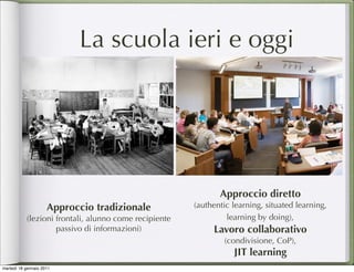 La scuola ieri e oggi




                                                              Approccio diretto
                     Approccio tradizionale            (authentic learning, situated learning,
           (lezioni frontali, alunno come recipiente            learning by doing),
                    passivo di informazioni)                Lavoro collaborativo
                                                               (condivisione, CoP),
                                                                  JIT learning
martedì 18 gennaio 2011
 