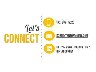 Lets

Connect

(65) 9021 5626
doreentan89@gmail.com
http://www.linkedin.com/
in/tandoreen

 