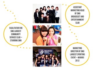 Assistant
Marketing Head
of SMU
Broadcast and
Entertainment
Club
Facilitator for
SMU largest
community
service club C
Starring SMU
Marketing
Director of SMU
Largest Sporting
Event C Waikiki
2012

 