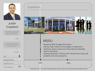 2001
MSSU
Experience
Product names, logos, brands, and other trademarks featured or referred to within are the property of their respective trademark holders.
The Extras
Experience
Bio
References
Your work is to discover your
world and then with all your
heart give yourself to it.
buddha
G
r
o
u
p
w
a
s
n
o
t
e
x
p
o
r
t
e
d
f
r
o
m
S
l
i
d
e
R
Justin
Crawford
2002
It's not the hours you put in
your work that counts, it's work
you put in the hours.
sam ewing
Receives BSE English Education
Earned high marks for the quality of classroom
teaching, lesson plans and instructional materials
used in teaching.
Quickly became a first-to-call resource for many pet
projects and new programs.
 