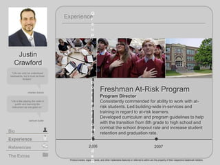 2006 2007
Experience
Product names, logos, brands, and other trademarks featured or referred to within are the property of their respective trademark holders.
The Extras
Experience
Bio
References
Life can only be understood
backwards, but it must be lived
forward.
Life is like playing the violin in
public and learning the
instrument as one goes on.
samuel butler
Justin
Crawford
Freshman At-Risk Program
Program Director
Consistently commended for ability to work with at-
risk students. Led building-wide in-services and
training in regard to at-risk learners.
Developed curriculum and program guidelines to help
with the transition from 8th grade to high school and
combat the school dropout rate and increase student
retention and graduation rate.
charles dubois
G
r
o
u
p
w
a
s
n
o
t
e
x
p
o
r
t
e
d
f
r
o
m
S
l
i
d
e
R
 