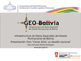 Infraestructura de Datos Espaciales del Estado
               Plurinacional de Bolivia
Presentación: Foro “Censo 2012: un desafio nacional”
              Raul Fernando Molina Rodriguez
                     www.geo.gob.bo
 