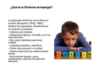 La psiquiatra británica Lorna Wing en
su libro (Burgoine y Wing, 1983),
destaca las siguientes características
en quienes lo padecen :
- Carencia de empatía.
- Interacción ingenua, sencilla y en una
sola dirección.
- Muy poca habilidad para tener
amigos.
- Lenguaje pedante y repetitivo.
- Pobre comunicación no verbal.
- Intensa absorción por determinados
temas.
- Movimientos torpes y poco
coordinados, además de posturas
extrañas.
 