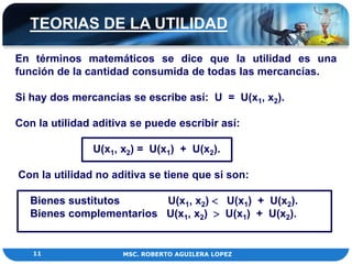 TEORIAS DE LA UTILIDAD

En términos matemáticos se dice que la utilidad es una
función de la cantidad consumida de todas las mercancías.

Si hay dos mercancías se escribe así: U = U(x1, x2).

Con la utilidad aditiva se puede escribir así:

               U(x1, x2) = U(x1) + U(x2).

Con la utilidad no aditiva se tiene que si son:

   Bienes sustitutos      U(x1, x2)  U(x1) + U(x2).
   Bienes complementarios U(x1, x2)  U(x1) + U(x2).


   11                 MSC. ROBERTO AGUILERA LOPEZ
 