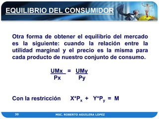 EQUILIBRIO DEL CONSUMIDOR


 Otra forma de obtener el equilibrio del mercado
 es la siguiente: cuando la relación entre la
 utilidad marginal y el precio es la misma para
 cada producto de nuestro conjunto de consumo.

               UMx = UMy
                Px    Py


 Con la restricción      X*Px + Y*Py = M

  30             MSC. ROBERTO AGUILERA LOPEZ
 