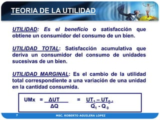 TEORIA DE LA UTILIDAD

UTILIDAD: Es el beneficio o satisfacción que
obtiene un consumidor del consumo de un bien.

UTILIDAD TOTAL: Satisfacción acumulativa que
deriva un consumidor del consumo de unidades
sucesivas de un bien.

UTILIDAD MARGINAL: Es el cambio de la utilidad
total correspondiente a una variación de una unidad
en la cantidad consumida.

     UMx =   ΔUT           =    UT1 – UT0 .
             ΔQ                  Q1 - Q 0
 7              MSC. ROBERTO AGUILERA LOPEZ
 