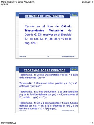 MSC. ROBERTO JOSE AGUILERA
LOPEZ
25/05/2018
MATEMATICA I 12
RJAL
25/05/2018 MSC. ROBERTO AGUILERA L.23
DERIVADA DE UNA FUNCION
Revisar en el libro de Cálculo
Trascendentes Tempranas de
Dennis G. Zill, resolver en el Ejercicio
3.1 los No. 33, 34, 35, 38 y 40 de la
pág. 128.
RJAL
25/05/2018 MSC. ROBERTO AGUILERA L.24
Teorema No. 1: Si c es una constante y si f(x) = c para
todo x entonces f’(x) = 0
Teorema No. 2: Si n es un entero positivo y si f(x) = xn,
entonces f’(x) = n xn-1.
Teorema No. 3: Si f es una función, c es una constante
y g es la función definida por g(x) = c.f(x) entonces si
f’(x) existe g’(x) = c.f’(x).
Teorema No. 4: Si f y g son funciones y h es la función
definida por h(x) = f(x) ± g(x) entonces si f’(x) y g’(x)
existen entonces h’(x) = f’(x) ± g’(x).
TEOREMAS SOBRE DERIVADA
 