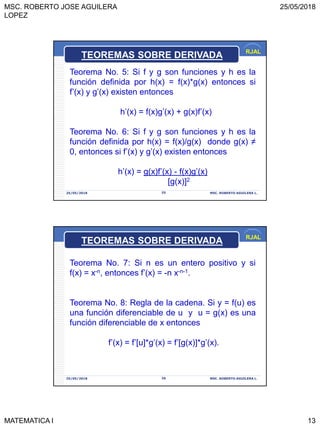 MSC. ROBERTO JOSE AGUILERA
LOPEZ
25/05/2018
MATEMATICA I 13
RJAL
25/05/2018 MSC. ROBERTO AGUILERA L.25
Teorema No. 5: Si f y g son funciones y h es la
función definida por h(x) = f(x)*g(x) entonces si
f’(x) y g’(x) existen entonces
h’(x) = f(x)g’(x) + g(x)f’(x)
Teorema No. 6: Si f y g son funciones y h es la
función definida por h(x) = f(x)/g(x) donde g(x) ≠
0, entonces si f’(x) y g’(x) existen entonces
h’(x) = g(x)f’(x) - f(x)g’(x)
[g(x)]2
TEOREMAS SOBRE DERIVADA
RJAL
25/05/2018 MSC. ROBERTO AGUILERA L.26
Teorema No. 7: Si n es un entero positivo y si
f(x) = x-n, entonces f’(x) = -n x-n-1.
Teorema No. 8: Regla de la cadena. Si y = f(u) es
una función diferenciable de u y u = g(x) es una
función diferenciable de x entonces
f’(x) = f’[u]*g’(x) = f’[g(x)]*g’(x).
TEOREMAS SOBRE DERIVADA
 
