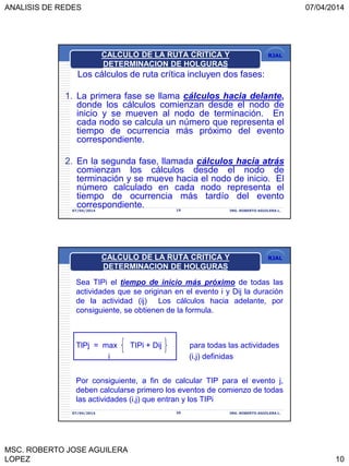 ANALISIS DE REDES 07/04/2014
MSC. ROBERTO JOSE AGUILERA
LOPEZ 10
RJAL
Los cálculos de ruta crítica incluyen dos fases:
1. La primera fase se llama cálculos hacia delante,
donde los cálculos comienzan desde el nodo de
inicio y se mueven al nodo de terminación. En
cada nodo se calcula un número que representa el
tiempo de ocurrencia más próximo del evento
correspondiente.
2. En la segunda fase, llamada cálculos hacia atrás
comienzan los cálculos desde el nodo de
terminación y se mueve hacia el nodo de inicio. El
número calculado en cada nodo representa el
tiempo de ocurrencia más tardío del evento
correspondiente.07/04/2014 19 ING. ROBERTO AGUILERA L.
CALCULO DE LA RUTA CRITICA Y
DETERMINACION DE HOLGURAS
RJAL
Sea TIPi el tiempo de inicio más próximo de todas las
actividades que se originan en el evento i y Dij la duración
de la actividad (ij) Los cálculos hacia adelante, por
consiguiente, se obtienen de la formula.
TlPj = max TIPi + Dij para todas las actividades
i (i,j) definidas
Por consiguiente, a fin de calcular TIP para el evento j,
deben calcularse primero los eventos de comienzo de todas
las actividades (i,j) que entran y los TIPi
07/04/2014 20 ING. ROBERTO AGUILERA L.
CALCULO DE LA RUTA CRITICA Y
DETERMINACION DE HOLGURAS
 
