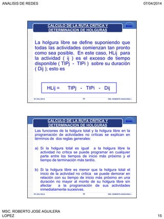 ANALISIS DE REDES 07/04/2014
MSC. ROBERTO JOSE AGUILERA
LOPEZ 15
RJAL
La holgura libre se define suponiendo que
todas las actividades comienzan tan pronto
como sea posible. En este caso, HLij para
la actividad ( ij ) es el exceso de tiempo
disponible ( TIPj - TIPi ) sobre su duración
( Dij ); esto es
HLij = TIPj - TIPi - Dij
07/04/2014 29 ING. ROBERTO AGUILERA L.
CALCULO DE LA RUTA CRITICA Y
DETERMINACION DE HOLGURAS
RJAL
Las funciones de la holgura total y la holgura libre en la
programación de actividades no críticas se explican en
términos de dos reglas generales:
a) Si la holgura total es igual a la holgura libre la
actividad no crítica se puede programar en cualquier
parte entre los tiempos de inicio más próximo y el
tiempo de terminación más tardío.
b) Si la holgura libre es menor que la holgura total el
inicio de la actividad no crítica se puede demorar en
relación con su tiempo de inicio más próximo en una
duración no mayor al monto de su holgura libre sin
afectar a la programación de sus actividades
inmediatamente sucesivas.
07/04/2014 30 ING. ROBERTO AGUILERA L.
CALCULO DE LA RUTA CRITICA Y
DETERMINACION DE HOLGURAS
 