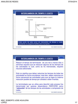 ANALISIS DE REDES 07/04/2014
MSC. ROBERTO JOSE AGUILERA
LOPEZ 17
RJAL
CURVA DE INTERCAMBIO DE TIEMPO Y COSTO
Costo del proyecto
 Programa de tiempo
mínimo
Programa de costo
Mínimo
Costo 
mínimo
Tiempo Tiempo de terminación
Mínimo del proyecto
07/04/2014 33 ING. ROBERTO AGUILERA L.
Cada punto de esta curva de intercambio de tiempo y costo
representa un programa factible para el proyecto.
INTERCAMBIOS DE TIEMPO Y COSTO
RJAL
Reducir el tiempo de terminación de una red a menos días o
semanas requiere que se reduzcan algunos de los tiempos de
las actividades lo cual, como se ha mencionado, requiere
recursos adicionales.
Esto no significa que deban reducirse los tiempos de todas las
actividades en forma simultánea; más bien, deben reducirse en
forma secuencial las actividades para que se logre la máxima
reducción posible de tiempo por córdoba o dólar invertido.
La terminología que se utiliza para describir este proceso fue
denominada por quienes desarrollaron PERT/CPM como
“reducción” de los tiempos de las actividades o compresión de
redes.
07/04/2014 34 ING. ROBERTO AGUILERA L.
INTERCAMBIOS DE TIEMPO Y COSTO
 