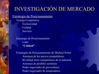 INVESTIGACIÓN DE MERCADO Estrategia de Posicionamiento Ventaja Competitiva Exclusividad Calidad Servicio Estrategia de Posicionamiento Lider “ Calidad” Estrategías de Posicionamiento de Michael Porter Amenaza de los nuevos competidores Rivalidad entre competidores de la industria Amenaza de posibles sustitutos Poder negociador de proveedores Poder negociador de compradores 