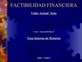 FACTIBILIDAD FINANCIERA Valor Actual  Neto VAN = US $ 635.976,17 Tasa Interna de Retorno TIRF = 74,05% 
