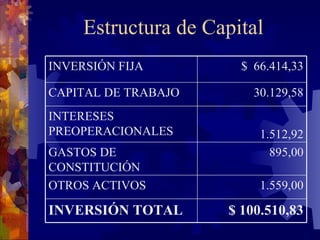 Estructura de Capital $ 100.510,83 INVERSIÓN TOTAL 1.559,00 OTROS ACTIVOS 895,00 GASTOS DE CONSTITUCIÓN 1.512,92 INTERESES PREOPERACIONALES 30.129,58 CAPITAL DE TRABAJO $  66.414,33 INVERSIÓN FIJA 