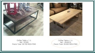Coffee Table x 1 U.
Ref.: EF026
Precio Total: 30.750 RDS+ITBIS
Coffee Table x 1 U.
Ref.: JSHX010
Precio Total: 33.000 RDS+ITBIS
 