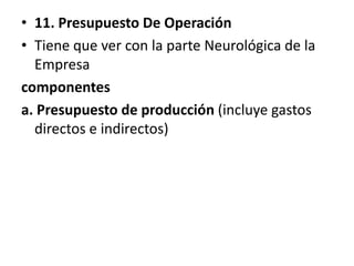 11. Presupuesto De OperaciónTiene que ver con la parte Neurológica de la Empresacomponentesa. Presupuesto de producción (incluye gastos directos e indirectos) 