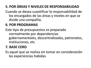 5. POR ÁREAS Y NIVELES DE RESPONSABILIDAD Cuando se desea cuantificar la responsabilidad de los encargados de las áreas y niveles en que se divide una compañía.6. POR PROGRAMAS Este tipo de presupuestos es preparado normalmente por dependencias gubernamentales, descentralizadas, patronatos, instituciones, etc7. BASE CERO Es aquel que se realiza sin tomar en consideración las experiencias habidas