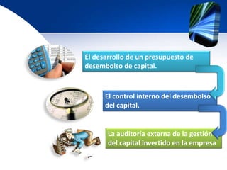 El desarrollo de un presupuesto de
desembolso de capital.
El control interno del desembolso
del capital.
La auditoría externa de la gestión
del capital invertido en la empresa
 