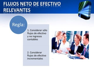 FLUJOS NETO DE EFECTIVO
RELEVANTES
1. Considerar sólo
flujos de efectivo
y no ingresos
contables
2. Considerar
flujos de efectivo
incrementales
Regla:
 