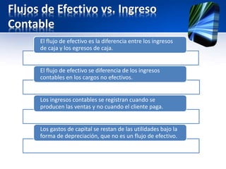 Flujos de Efectivo vs. Ingreso
Contable
El flujo de efectivo es la diferencia entre los ingresos
de caja y los egresos de caja.
El flujo de efectivo se diferencia de los ingresos
contables en los cargos no efectivos.
Los ingresos contables se registran cuando se
producen las ventas y no cuando el cliente paga.
Los gastos de capital se restan de las utilidades bajo la
forma de depreciación, que no es un flujo de efectivo.
 