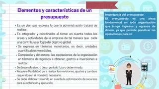 Importancia del presupuesto
El presupuesto es una pieza
fundamental en toda organización
que tenga ingresos y egresos de
dinero, ya que permite planificar las
operaciones para el.
Es un plan que expresa lo que la administración tratará de
realizar.
Es integrador y coordinador al tomar en cuenta todas las
áreas y actividades de la empresa de tal manera que cada
una contribuya al logro del objetivo global.
Elementos y características de un
presupuesto
Se expresa en términos monetarios, es decir, unidades
cuantificables y medibles.
Compendia y determina las operaciones de la organización
en términos de ingresos a obtener, gastos e inversiones a
realizar.
Se desarrolla dentro de un período futuro determinado.
Requiere flexibilidad para realizar las revisiones, ajustes y cambios
requeridos en el momento necesario.
Se debe elaborar teniendo en cuenta la optimización de recursos
para su obtención y ejecución
 