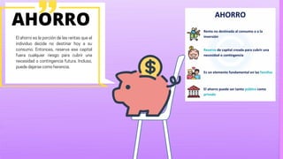 El ahorro es la porción de las rentas que el
individuo decide no destinar hoy a su
consumo. Entonces, reserva ese capital
fuera cualquier riesgo para cubrir una
necesidad o contingencia futura. Incluso,
puede dejarse como herencia.
AHORRO
 