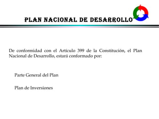 PLAN NACIONAL DE DESARROLLO

De conformidad con el Artículo 399 de la Constitución, el Plan
Nacional de Desarrollo, estará conformado por:

Parte General del Plan
Plan de Inversiones

ALFONSO LEÓN GUTIÉRREZ LONDOÑO

14

 
