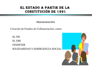 EL ESTADO A PARTIR DE LA
CONSTITUCIÓN DE 1991
PROGRAMACIÓN

Creación de Fondos de Cofinanciación, como:
EL FIS
EL DRI
FINDETER
SOLIDARIDAD Y EMERGENCIA SOCIAL

ALFONSO LEÓN GUTIÉRREZ LONDOÑO

25

 