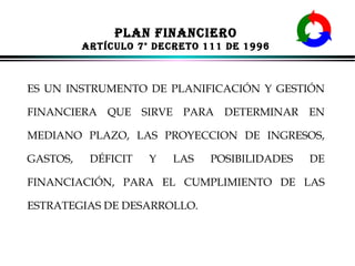 PLAN FINANCIERO
ARTíCULO 7° DECRETO 111 DE 1996

ES UN INSTRUMENTO DE PLANIFICACIÓN Y GESTIÓN
FINANCIERA QUE SIRVE PARA DETERMINAR EN
MEDIANO PLAZO, LAS PROYECCION DE INGRESOS,
GASTOS,

DÉFICIT

Y

LAS

POSIBILIDADES

DE

FINANCIACIÓN, PARA EL CUMPLIMIENTO DE LAS
ESTRATEGIAS DE DESARROLLO.

ALFONSO LEÓN GUTIÉRREZ LONDOÑO

45

 