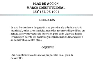 PLAN DE ACCION
MARCO CONSTITUCIONAL
LEY 152 DE 1994
DEFINICIÓN
Es una herramienta de gestión que permite a la administración
municipal, orientar estratégicamente los recursos disponibles, en
actividades y proyectos de inversión para cada vigencia fiscal;
teniendo en cuenta los recursos ya sean humanos, financieros o
administrativos entre otros.
OBJETIVO
Dar cumplimiento a las metas propuestas en el plan de
desarrollo.
ALFONSO LEÓN GUTIÉRREZ LONDOÑO

55

 
