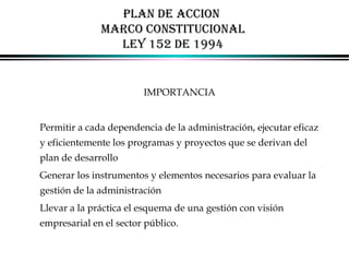 PLAN DE ACCION
MARCO CONSTITUCIONAL
LEY 152 DE 1994

IMPORTANCIA
Permitir a cada dependencia de la administración, ejecutar eficaz
y eficientemente los programas y proyectos que se derivan del
plan de desarrollo
Generar los instrumentos y elementos necesarios para evaluar la
gestión de la administración
Llevar a la práctica el esquema de una gestión con visión
empresarial en el sector público.
ALFONSO LEÓN GUTIÉRREZ LONDOÑO

56

 