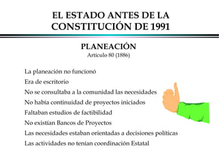 EL ESTADO ANTES DE LA

CONSTITUCIÓN DE 1991
PLANEACIÓN
Artículo 80 (1886)

La planeación no funcionó
Era de escritorio
No se consultaba a la comunidad las necesidades
No había continuidad de proyectos iniciados
Faltaban estudios de factibilidad
No existían Bancos de Proyectos
Las necesidades estaban orientadas a decisiones políticas
Las actividades no tenían coordinación Estatal
ALFONSO LEÓN GUTIÉRREZ LONDOÑO

7

 