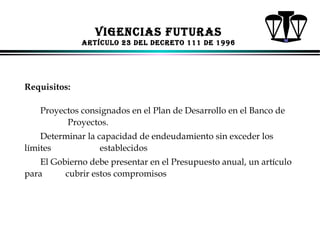 VIGENCIAS FUTURAS
ARTíCUlo 23 dEl dECRETo 111 dE 1996

Requisitos:
Proyectos consignados en el Plan de Desarrollo en el Banco de
Proyectos.
Determinar la capacidad de endeudamiento sin exceder los
límites
establecidos
El Gobierno debe presentar en el Presupuesto anual, un artículo
para
cubrir estos compromisos

ALFONSO LEÓN GUTIÉRREZ LONDOÑO

71

 
