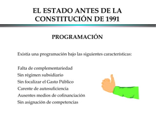 EL ESTADO ANTES DE LA
CONSTITUCIÓN DE 1991
PROGRAMACIÓN
Existía una programación bajo las siguientes características:
Falta de complementariedad
Sin régimen subsidiario
Sin focalizar el Gasto Público
Carente de autosuficiencia
Ausentes medios de cofinanciación
Sin asignación de competencias
ALFONSO LEÓN GUTIÉRREZ LONDOÑO

8

 
