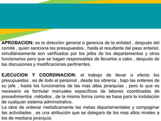 APROBACION: es la dirección general o gerencia de la entidad , después del
comité , quien sanciona los presupuestos , hasta el resultante del paso anterior,
simultáneamente son verificados por los jefes de los departamentos y otros
funcionarios pero que se hagan responsables de llevarlos a cabo , después de
las discusiones y modificaciones pertinentes.
EJECUCION Y COORDINACION: el trabajo de llevar a efecto los
presupuestos , es de todo el personal , desde los obreros , bajo las ordenes de
su jefe , hasta los funcionarios de las mas altas jerarquías , pero lo que es
necesario es formular manuales específicos de labores coordinadas de
procedimientos ,métodos , de la misma forma como se hace para la instalación
de cualquier sistema administrativo.
La obre de ordenar metódicamente las metas departamentales y compaginar
las actividades , es una atribución que se delegara de los mas altos niveles a
los de mediana jerarquía.
 