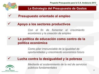 Proyecto Presupuesto para la C.A. Andalucía 2013


          La Estrategia del Presupuesto de Gastos

   Presupuesto orientado al empleo

   Apoyo a los sectores productivos
          Con el fin de fomentar el crecimiento
          económico y la creación de empleo

   La política de educación como centro de la
    política económica
          Como pilar irrenunciable de la igualdad de
          oportunidades y crecimiento económico futuro

   Lucha contra la desigualdad y la pobreza
          Mediante el sostenimiento de la red de servicios
          públicos fundamentales
                                                                         17
 