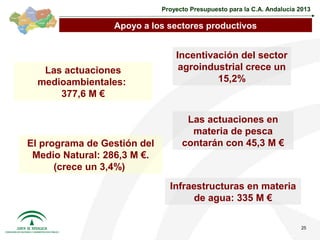 Proyecto Presupuesto para la C.A. Andalucía 2013

                 Apoyo a los sectores productivos


                                 Incentivación del sector
   Las actuaciones                agroindustrial crece un
  medioambientales:                       15,2%
      377,6 M €

                                    Las actuaciones en
                                     materia de pesca
El programa de Gestión del         contarán con 45,3 M €
 Medio Natural: 286,3 M €.
      (crece un 3,4%)
                               Infraestructuras en materia
                                     de agua: 335 M €

                                                                          25
 