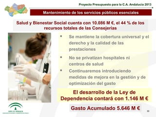 Proyecto Presupuesto para la C.A. Andalucía 2013

              Mantenimiento de los servicios públicos esenciales

Salud y Bienestar Social cuenta con 10.086 M €, el 44 % de los
             recursos totales de las Consejerías
Consolidación de          Se mantiene la cobertura universal y el
las prestaciones
                           derecho y la calidad de las
                           prestaciones
                          No se privatizan hospitales ni
 Eficiencia en la          centros de salud
     gestión              Continuaremos introduciendo
                           medidas de mejora en la gestión y de
                           optimización del gasto
    Vanguardia
   investigadora           El desarrollo de la Ley de
                       Dependencia contará con 1.146 M €
                            Gasto Acumulado 5.646 M €                        30
 
