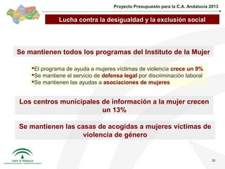 Proyecto Presupuesto para la C.A. Andalucía 2013


              Lucha contra la desigualdad y la exclusión social




Se mantienen todos los programas del Instituto de la Mujer

    El programa de ayuda a mujeres víctimas de violencia crece un 9%
    Se mantiene el servicio de defensa legal por discriminación laboral
    Se mantienen las ayudas a asociaciones de mujeres


Los centros municipales de información a la mujer crecen
                        un 13%

Se mantienen las casas de acogidas a mujeres víctimas de
                   violencia de género


                                                                                 33
 