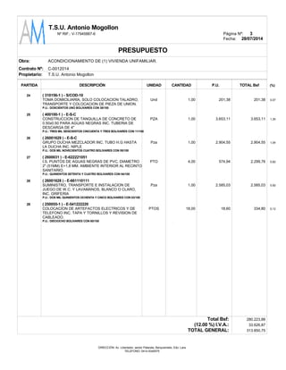 v
v
v
v
v
v
. ..
T.S.U. Antonio Mogollon
Página Nº:Nº RIF.: V-17945887-6
Fecha: 28/07/2014
PRESUPUESTO
Obra:
Contrato Nº: C-0012014
T.S.U. Antonio MogollonPropietario:
(%)PARTIDA DESCRIPCIÓN UNIDAD P.U. TOTAL BsfCANTIDAD
( 310156-1 ) - S/COD-1024
Und 1,00 201,38 201,38
( 400100-1 ) - E-S-C25
PZA 1,00 3.653,11 3.653,11
( 26001629 ) - E-S-C26
Pza 1,00 2.904,55 2.904,55
( 2600031 ) - E-62222105127
PTO 4,00 574,94 2.299,76
( 26001628 ) - E-66111011128
Pza 1,00 2.585,03 2.585,03
( 250055-1 ) - E-54122222029
PTOS 18,00 18,60 334,80
Total Bsf:
(12.00 %) I.V.A.:
TOTAL GENERAL:
DIRECCIÓN: Av. Libertador, sector Patarata, Barquisimeto, Edo. Lara
TELEFONO: 0414-5340575
3
0,07
1,30
1,04
0,82
0,92
0,12
280.223,88
33.626,87
313.850,75
ACONDICIONAMIENTO DE (1) VIVIENDA UNIFAMILIAR.
TOMA DOMICILIARIA, SOLO COLOCACION TALADRO,
TRANSPORTE Y COLOCACION DE PIEZA DE UNION.
P.U.: DOSCIENTOS UNO BOLIVARES CON 38/100
CONSTRUCCION DE TANQUILLA DE CONCRETO DE
0.50x0.50 PARA AGUAS NEGRAS INC. TUBERIA DE
DESCARGA DE 4"
P.U.: TRES MIL SEISCIENTOS CINCUENTA Y TRES BOLIVARES CON 11/100
GRUPO DUCHA MEZCLADOR INC. TUBO H.G HASTA
LA DUCHA INC. NIPLE
P.U.: DOS MIL NOVECIENTOS CUATRO BOLIVARES CON 55/100
I.S. PUNTOS DE AGUAS NEGRAS DE PVC, DIAMETRO
2" (51MM) E=1,8 MM. AMBIENTE INTERIOR AL RECINTO
SANITARIO.
P.U.: QUINIENTOS SETENTA Y CUATRO BOLIVARES CON 94/100
SUMINISTRO, TRANSPORTE E INSTALACION DE
JUEGO DE W.C. Y LAVAMANOS, BLANCO O CLARO,
INC. GRIFERIA
P.U.: DOS MIL QUINIENTOS OCHENTA Y CINCO BOLIVARES CON 03/100
COLOCACION DE ARTEFACTOS ELECTRICOS Y DE
TELEFONO INC. TAPA Y TORNILLOS Y REVISION DE
CABLEADO.
P.U.: DIECIOCHO BOLIVARES CON 60/100
 