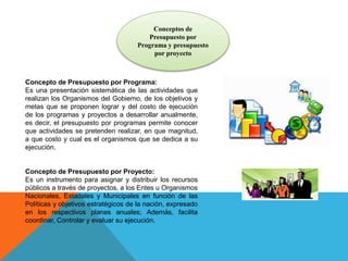 Conceptos de
Presupuesto por
Programa y presupuesto
por proyecto
Concepto de Presupuesto por Programa:
Es una presentación sistemática de las actividades que
realizan los Organismos del Gobierno, de los objetivos y
metas que se proponen lograr y del costo de ejecución
de los programas y proyectos a desarrollar anualmente,
es decir, el presupuesto por programas permite conocer
que actividades se pretenden realizar, en que magnitud,
a que costo y cual es el organismos que se dedica a su
ejecución.
Concepto de Presupuesto por Proyecto:
Es un instrumento para asignar y distribuir los recursos
públicos a través de proyectos, a los Entes u Organismos
Nacionales, Estadales y Municipales en función de las
Políticas y objetivos estratégicos de la nación, expresado
en los respectivos planes anuales; Además, facilita
coordinar, Controlar y evaluar su ejecución.
 