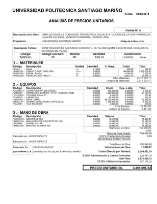Fecha: 08/08/2014
ANALISIS DE PRECIOS UNITARIOS
Partida Nº 6
Descripción de la Obra:
Propietario: UNIVERSIDAD SANTIAGO MARIÑO UNIVCódigo de la Obra:
Descripción Partida:
CantidadCódigo Covenin:Código: RendimientoUnidad
TANQUILL 6,00 /diaM314,000000SC M3M3
1 MATERIALES
Descripción Costo% Desp.CantidadCódigo Unidad
128,000,16000M3*AGUA 800.00
2.250.000,007,50000SACO.*AGREG01 300,000.00
7.200,000,45000M3*AGREG02 16,000.00
20.405,170,90000M3*AGREG03 22,672.41
2.277.733,17Total Materiales:
2.277.733,17Unitario de Materiales:
2 EQUIPOS
Descripción Dep. o Alq.CostoCantidadCódigo
1.210,001,00000 242.000,00*CARRET2 0.005000
21.120,002,00000 1.320.000,00*VIBRAD1 0.008000
202,404,00000 9.200,00*CUCHAR1 0.005500
510,003,00000 42.500,00*CARRET1 0.004000
47.865,000,50000 95.730.000,00*GRUATEL 0.001000
5.200,002,00000 1.300.000,00*MEZCLA1 0.002000
215,604,00000 9.800,00*PALA001 0.005500
76.323,00Total Equipos:
5.451,64Unitario de Equipos:
3 MANO DE OBRA
Descripción SalarioCantidadCódigo
75.420,006,00000 12.570,00*OBRERO1
30.180,002,00000 15.090,00*MAQCON1
33.760,002,00000 16.880,00*ALBAÑ01
18.680,001,00000 18.680,00*MAESTR2
158.040,00Total Mano de Obra:
0,00
Mano de Obra Directa: 158.040,00
JAVIER INFANTECalculado por: 0.00 % Prestaciones Sociales: 0,00
300.00 Bs/dia ALIMENTACION:
JAVIER INFANTERevisado por:
Total Mano de Obra: 158.040,00
Desarrollado Por: USO EXCLUSIVO DE: Unitario Mano de Obra: 11.288,57
Lulo Software, C.A. Costo Directo por Unidad: 2.294.473,38
10.00% Administración y Gastos Generales: 229.447,34
2.523.920,72
30.00% Utilidad e Imprevistos: 757.176,22
3.281.096,94PRECIO UNITARIO Bs
.-
Total
.-
Total
.-
Total
Sub-Total:
UNIVERSIDAD POLITECNICA SANTIAGO MARIÑO
AMPLIACION DE LA COMUNIDAD TERAPEUTICA SOCIALISTA "LA CASA DE LA VIDA" PARROQUIA
JUAN DE VILLEGAS, MUNICIPIO IRIBARREN, ESTADO LARA
CONSTRUCCION DE ACERAS DE CONCRETO, DE Rcc 200 Kg/CM2 A LOS 28 DIAS, EXCLUIDO EL
REFUERZO METALICO.
AGUA
CEMENTO PORTLAND GRIS.
ARENA LAVADA.
PIEDRA PICADA T MAX 1".
CARRETON CAP= 200 LITROS.
VIBRADOR ELECTRICO 1.75 HP. CABEZAL=47MM
CUCHARA PLANA 6".
CARRETILLA.
GRUA TORRE.
TROMPO MEZCLADORA, CAP=0.33 M3
PALA REDONDA.
OBRERO DE 1RA.
MAQUINISTA DE CONCRETO DE 1RA.
ALBAÑIL DE 1RA.
MAESTRO DE OBRA 2DA.
UNIVERSIDAD POLITECNICA SANTIAGO MARIÑO
 