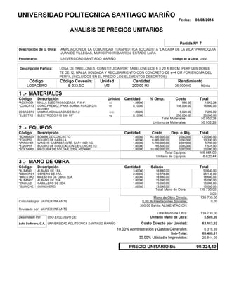 Fecha: 08/08/2014
ANALISIS DE PRECIOS UNITARIOS
Partida Nº 7
Descripción de la Obra:
Propietario: UNIVERSIDAD SANTIAGO MARIÑO UNIVCódigo de la Obra:
Descripción Partida:
CantidadCódigo Covenin:Código: RendimientoUnidad
LOSACERO 200,00 /diaM225,000000E-333.SC M2M2
1 MATERIALES
Descripción Costo% Desp.CantidadCódigo Unidad
1.952,281,98000KG.*ACERO01 986.00
16.800,000,10000M3*CONCR13 168,000.00
7.200,001,20000UNDLOSACERO 6,000.00
25.000,000,10000Kg*ELECTR2 250,000.00
50.952,28Total Materiales:
50.952,28Unitario de Materiales:
2 EQUIPOS
Descripción Dep. o Alq.CostoCantidadCódigo
125.000,001,00000 62.500.000,00*BOMBA03 0.002000
13.330,001,00000 6.665.000,00*EQUIP02 0.002000
5.700,001,00000 5.700.000,00*WINCHE1 0.001000
1.531,001,00000 765.500,00*EQUIP01 0.002000
20.000,001,00000 10.000.000,00*SOLDAR3 0.002000
165.561,00Total Equipos:
6.622,44Unitario de Equipos:
3 MANO DE OBRA
Descripción SalarioCantidadCódigo
50.640,003,00000 16.880,00*ALBAÑ01
25.140,002,00000 12.570,00*OBRERO1
18.680,001,00000 18.680,00*MAESTR2
15.090,001,00000 15.090,00*ALBAÑ02
15.090,001,00000 15.090,00*CABILL2
15.090,001,00000 15.090,00*GUINCHE
139.730,00Total Mano de Obra:
0,00
Mano de Obra Directa: 139.730,00
JAVIER INFANTECalculado por: 0.00 % Prestaciones Sociales: 0,00
300.00 Bs/dia ALIMENTACION:
JAVIER INFANTERevisado por:
Total Mano de Obra: 139.730,00
Desarrollado Por: USO EXCLUSIVO DE: Unitario Mano de Obra: 5.589,20
Lulo Software, C.A. Costo Directo por Unidad: 63.163,92
10.00% Administración y Gastos Generales: 6.316,39
69.480,31
30.00% Utilidad e Imprevistos: 20.844,09
90.324,40PRECIO UNITARIO Bs
.-
Total
.-
Total
.-
Total
Sub-Total:
UNIVERSIDAD POLITECNICA SANTIAGO MARIÑO
AMPLIACION DE LA COMUNIDAD TERAPEUTICA SOCIALISTA "LA CASA DE LA VIDA" PARROQUIA
JUAN DE VILLEGAS, MUNICIPIO IRIBARREN, ESTADO LARA
LOSA DE TABELONES, CONSTITUIDA POR: TABELONES DE 6 X 20 X 80 CM, PERFILES DOBLE
TE DE 12, MALLA SOLDADA Y RECUBRIMIENTO CON CONCRETO DE e=4 CM POR ENCIMA DEL
PERFIL (INCLUIDOS EN EL PRECIO LOS ELEMENTOS DESCRITOS).
MALLA ELECTROSOLDADA 4" X 4".
CONC.PREMEZ. PARA BOMBA RCR28=210
KG/CM2
LAMINA ACANALADA DE 6X1,2
ELECTRODO R10 E60 1/8"
BOMBA DE CONCRETO.
EQUIPO DE CABILLA.
WINCHE CABRESTANTE, CAP=1800 KG.
EQUIPO DE COLOCACION DE CONCRETO.
MAQUINA DE SOLDAR, 220V. 500 AMP.
ALBAÑIL DE 1RA.
OBRERO DE 1RA.
MAESTRO DE OBRA 2DA.
ALBAÑIL DE 2DA.
CABILLERO DE 2DA.
GUINCHERO.
UNIVERSIDAD POLITECNICA SANTIAGO MARIÑO
 