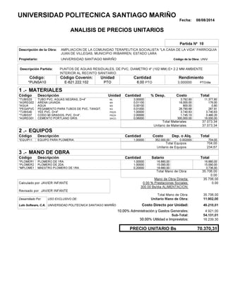 Fecha: 08/08/2014
ANALISIS DE PRECIOS UNITARIOS
Partida Nº 10
Descripción de la Obra:
Propietario: UNIVERSIDAD SANTIAGO MARIÑO UNIVCódigo de la Obra:
Descripción Partida:
CantidadCódigo Covenin:Código: RendimientoUnidad
*PUNSA10 6,00 /diaPTO3,000000E-621.222.102 PTOPTO
1 MATERIALES
Descripción Costo% Desp.CantidadCódigo Unidad
11.377,803,00000ML*TUBIS33 3,792.60
176,000,01100M3*AGREG02 16,000.00
0,800,00100M3*AGUA 800.00
287,910,01000KG*PEGAPVC 28,790.68
3.740,631,00000PIEZA*TUBIS40 3,740.63
3.490,202,00000PIEZA*TUBIS37 1,745.10
18.000,000,06000SACO.*AGREG01 300,000.00
37.073,34Total Materiales:
37.073,34Unitario de Materiales:
2 EQUIPOS
Descripción Dep. o Alq.CostoCantidadCódigo
704,001,00000 352.000,00*EQUIP11 0.002000
704,00Total Equipos:
234,67Unitario de Equipos:
3 MANO DE OBRA
Descripción SalarioCantidadCódigo
16.880,001,00000 16.880,00*PLOMER1
15.090,001,00000 15.090,00*PLOMER2
3.736,000,20000 18.680,00*MPLOME1
35.706,00Total Mano de Obra:
0,00
Mano de Obra Directa: 35.706,00
JAVIER INFANTECalculado por: 0.00 % Prestaciones Sociales: 0,00
300.00 Bs/dia ALIMENTACION:
JAVIER INFANTERevisado por:
Total Mano de Obra: 35.706,00
Desarrollado Por: USO EXCLUSIVO DE: Unitario Mano de Obra: 11.902,00
Lulo Software, C.A. Costo Directo por Unidad: 49.210,01
10.00% Administración y Gastos Generales: 4.921,00
54.131,01
30.00% Utilidad e Imprevistos: 16.239,30
70.370,31PRECIO UNITARIO Bs
.-
Total
.-
Total
.-
Total
Sub-Total:
UNIVERSIDAD POLITECNICA SANTIAGO MARIÑO
AMPLIACION DE LA COMUNIDAD TERAPEUTICA SOCIALISTA "LA CASA DE LA VIDA" PARROQUIA
JUAN DE VILLEGAS, MUNICIPIO IRIBARREN, ESTADO LARA
PUNTOS DE AGUAS RESIDUALES, DE PVC, DIAMETRO 4" (102 MM) E= 2.2 MM AMBIENTE
INTERIOR AL RECINTO SANITARIO.
TUBO PVC, AGUAS NEGRAS, D=4"
ARENA LAVADA.
AGUA
PEGAMENTO PARA TUBOS DE PVC, TANGIT.
YEE PVC, D=4"
CODO 90 GRADOS, PVC, D=4".
CEMENTO PORTLAND GRIS.
EQUIPO PARA PLOMERIA.
PLOMERO DE 1RA.
PLOMERO DE 2DA.
MAESTRO PLOMERO DE 1RA.
UNIVERSIDAD POLITECNICA SANTIAGO MARIÑO
 