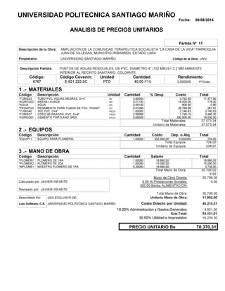 Fecha: 08/08/2014
ANALISIS DE PRECIOS UNITARIOS
Partida Nº 11
Descripción de la Obra:
Propietario: UNIVERSIDAD SANTIAGO MARIÑO UNIVCódigo de la Obra:
Descripción Partida:
CantidadCódigo Covenin:Código: RendimientoUnidad
6767 40,00 /diaPTO3,000000E-621.222.SC PTOPTO
1 MATERIALES
Descripción Costo% Desp.CantidadCódigo Unidad
11.377,803,00000ML*TUBIS33 3,792.60
176,000,01100M3*AGREG02 16,000.00
0,800,00100M3*AGUA 800.00
287,910,01000KG*PEGAPVC 28,790.68
3.740,631,00000PIEZA*TUBIS40 3,740.63
3.490,202,00000PIEZA*TUBIS37 1,745.10
18.000,000,06000SACO.*AGREG01 300,000.00
37.073,34Total Materiales:
37.073,34Unitario de Materiales:
2 EQUIPOS
Descripción Dep. o Alq.CostoCantidadCódigo
704,001,00000 352.000,00*EQUIP11 0.002000
704,00Total Equipos:
234,67Unitario de Equipos:
3 MANO DE OBRA
Descripción SalarioCantidadCódigo
16.880,001,00000 16.880,00*PLOMER1
15.090,001,00000 15.090,00*PLOMER2
3.736,000,20000 18.680,00*MPLOME1
35.706,00Total Mano de Obra:
0,00
Mano de Obra Directa: 35.706,00
JAVIER INFANTECalculado por: 0.00 % Prestaciones Sociales: 0,00
300.00 Bs/dia ALIMENTACION:
JAVIER INFANTERevisado por:
Total Mano de Obra: 35.706,00
Desarrollado Por: USO EXCLUSIVO DE: Unitario Mano de Obra: 11.902,00
Lulo Software, C.A. Costo Directo por Unidad: 49.210,01
10.00% Administración y Gastos Generales: 4.921,00
54.131,01
30.00% Utilidad e Imprevistos: 16.239,30
70.370,31PRECIO UNITARIO Bs
.-
Total
.-
Total
.-
Total
Sub-Total:
UNIVERSIDAD POLITECNICA SANTIAGO MARIÑO
AMPLIACION DE LA COMUNIDAD TERAPEUTICA SOCIALISTA "LA CASA DE LA VIDA" PARROQUIA
JUAN DE VILLEGAS, MUNICIPIO IRIBARREN, ESTADO LARA
PUNTOS DE AGUAS RESIDUALES, DE PVC, DIAMETRO 4" (102 MM) E= 2.2 MM AMBIENTE
INTERIOR AL RECINTO SANITARIO. COLGANTE
TUBO PVC, AGUAS NEGRAS, D=4"
ARENA LAVADA.
AGUA
PEGAMENTO PARA TUBOS DE PVC, TANGIT.
YEE PVC, D=4"
CODO 90 GRADOS, PVC, D=4".
CEMENTO PORTLAND GRIS.
EQUIPO PARA PLOMERIA.
PLOMERO DE 1RA.
PLOMERO DE 2DA.
MAESTRO PLOMERO DE 1RA.
UNIVERSIDAD POLITECNICA SANTIAGO MARIÑO
 