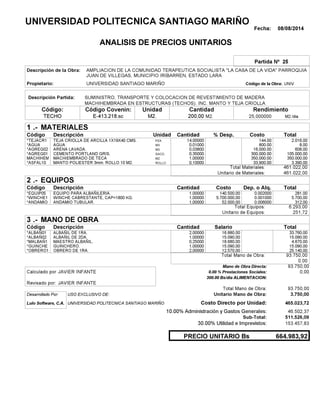 Fecha: 08/08/2014
ANALISIS DE PRECIOS UNITARIOS
Partida Nº 25
Descripción de la Obra:
Propietario: UNIVERSIDAD SANTIAGO MARIÑO UNIVCódigo de la Obra:
Descripción Partida:
CantidadCódigo Covenin:Código: RendimientoUnidad
TECHO 200,00 /diaM2.25,000000E-413.218.sc M2.M2.
1 MATERIALES
Descripción Costo% Desp.CantidadCódigo Unidad
2.016,0014,00000PZA*TEJACR1 144.00
8,000,01000M3*AGUA 800.00
608,000,03800M3*AGREG02 16,000.00
105.000,000,35000SACO.*AGREG01 300,000.00
350.000,001,00000M2MACHIHEM 350,000.00
3.390,000,10000ROLLO*ASFAL10 33,900.00
461.022,00Total Materiales:
461.022,00Unitario de Materiales:
2 EQUIPOS
Descripción Dep. o Alq.CostoCantidadCódigo
281,001,00000 140.500,00*EQUIP05 0.002000
5.700,001,00000 5.700.000,00*WINCHE1 0.001000
312,001,00000 52.000,00*ANDAMIO 0.006000
6.293,00Total Equipos:
251,72Unitario de Equipos:
3 MANO DE OBRA
Descripción SalarioCantidadCódigo
33.760,002,00000 16.880,00*ALBAÑ01
15.090,001,00000 15.090,00*ALBAÑ02
4.670,000,25000 18.680,00*MALBAÑ1
15.090,001,00000 15.090,00*GUINCHE
25.140,002,00000 12.570,00*OBRERO1
93.750,00Total Mano de Obra:
0,00
Mano de Obra Directa: 93.750,00
JAVIER INFANTECalculado por: 0.00 % Prestaciones Sociales: 0,00
300.00 Bs/dia ALIMENTACION:
JAVIER INFANTERevisado por:
Total Mano de Obra: 93.750,00
Desarrollado Por: USO EXCLUSIVO DE: Unitario Mano de Obra: 3.750,00
Lulo Software, C.A. Costo Directo por Unidad: 465.023,72
10.00% Administración y Gastos Generales: 46.502,37
511.526,09
30.00% Utilidad e Imprevistos: 153.457,83
664.983,92PRECIO UNITARIO Bs
.-
Total
.-
Total
.-
Total
Sub-Total:
UNIVERSIDAD POLITECNICA SANTIAGO MARIÑO
AMPLIACION DE LA COMUNIDAD TERAPEUTICA SOCIALISTA "LA CASA DE LA VIDA" PARROQUIA
JUAN DE VILLEGAS, MUNICIPIO IRIBARREN, ESTADO LARA
SUMINISTRO, TRANSPORTE Y COLOCACION DE REVESTIMIENTO DE MADERA
MACHIHEMBRADA EN ESTRUCTURAS (TECHOS). INC. MANTO Y TEJA CRIOLLA
TEJA CRIOLLA DE ARCILLA 1X19X40 CMS.
AGUA
ARENA LAVADA.
CEMENTO PORTLAND GRIS.
MACHIEMBRADO DE TECA
MANTO POLIESTER 3mm. ROLLO 10 M2.
EQUIPO PARA ALBAÑILERIA.
WINCHE CABRESTANTE, CAP=1800 KG.
ANDAMIO TUBULAR.
ALBAÑIL DE 1RA.
ALBAÑIL DE 2DA.
MAESTRO ALBAÑIL.
GUINCHERO.
OBRERO DE 1RA.
UNIVERSIDAD POLITECNICA SANTIAGO MARIÑO
 