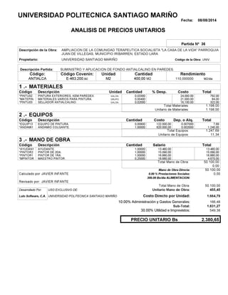 Fecha: 08/08/2014
ANALISIS DE PRECIOS UNITARIOS
Partida Nº 36
Descripción de la Obra:
Propietario: UNIVERSIDAD SANTIAGO MARIÑO UNIVCódigo de la Obra:
Descripción Partida:
CantidadCódigo Covenin:Código: RendimientoUnidad
ANTIALCA 400,00 /diaM2110,000000E-463.200.sc M2M2
1 MATERIALES
Descripción Costo% Desp.CantidadCódigo Unidad
792,000,03300GALON*PINTU02 24,000.00
84,000,00400GRUPO*MATEPIN 21,000.00
322,000,02000GALON*PINTU03 16,100.00
1.198,00Total Materiales:
1.198,00Unitario de Materiales:
2 EQUIPOS
Descripción Dep. o Alq.CostoCantidadCódigo
7,690,00900 122.000,00*EQUIP13 0.007000
1.240,001,00000 620.000,00*ANDAMI1 0.002000
1.247,69Total Equipos:
11,34Unitario de Equipos:
3 MANO DE OBRA
Descripción SalarioCantidadCódigo
13.460,001,00000 13.460,00*AYUDAN1
15.090,001,00000 15.090,00*PINTOR2
16.880,001,00000 16.880,00*PINTOR1
4.670,000,25000 18.680,00*MPINTOR
50.100,00Total Mano de Obra:
0,00
Mano de Obra Directa: 50.100,00
JAVIER INFANTECalculado por: 0.00 % Prestaciones Sociales: 0,00
300.00 Bs/dia ALIMENTACION:
JAVIER INFANTERevisado por:
Total Mano de Obra: 50.100,00
Desarrollado Por: USO EXCLUSIVO DE: Unitario Mano de Obra: 455,45
Lulo Software, C.A. Costo Directo por Unidad: 1.664,79
10.00% Administración y Gastos Generales: 166,48
1.831,27
30.00% Utilidad e Imprevistos: 549,38
2.380,65PRECIO UNITARIO Bs
.-
Total
.-
Total
.-
Total
Sub-Total:
UNIVERSIDAD POLITECNICA SANTIAGO MARIÑO
AMPLIACION DE LA COMUNIDAD TERAPEUTICA SOCIALISTA "LA CASA DE LA VIDA" PARROQUIA
JUAN DE VILLEGAS, MUNICIPIO IRIBARREN, ESTADO LARA
SUMINISTRO Y APLICACION DE FONDO ANTIALCALINO EN PAREDES.
PINTURA EXTERIORES, KEM PAREDEX.
MATERIALES VARIOS PARA PINTURA.
SELLADOR ANTIALCALINO.
EQUIPO DE PINTURA.
ANDAMIO COLGANTE.
AYUDANTE.
PINTOR DE 2DA.
PINTOR DE 1RA.
MAESTRO PINTOR.
UNIVERSIDAD POLITECNICA SANTIAGO MARIÑO
 